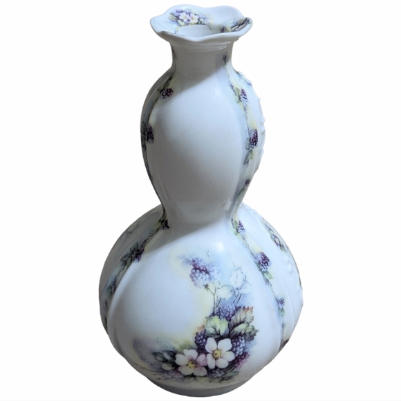 Vintage Omega Porcelain Double Gourd Vase Victorian Flowers Grapes Raised Design - Picture 11 of 11
